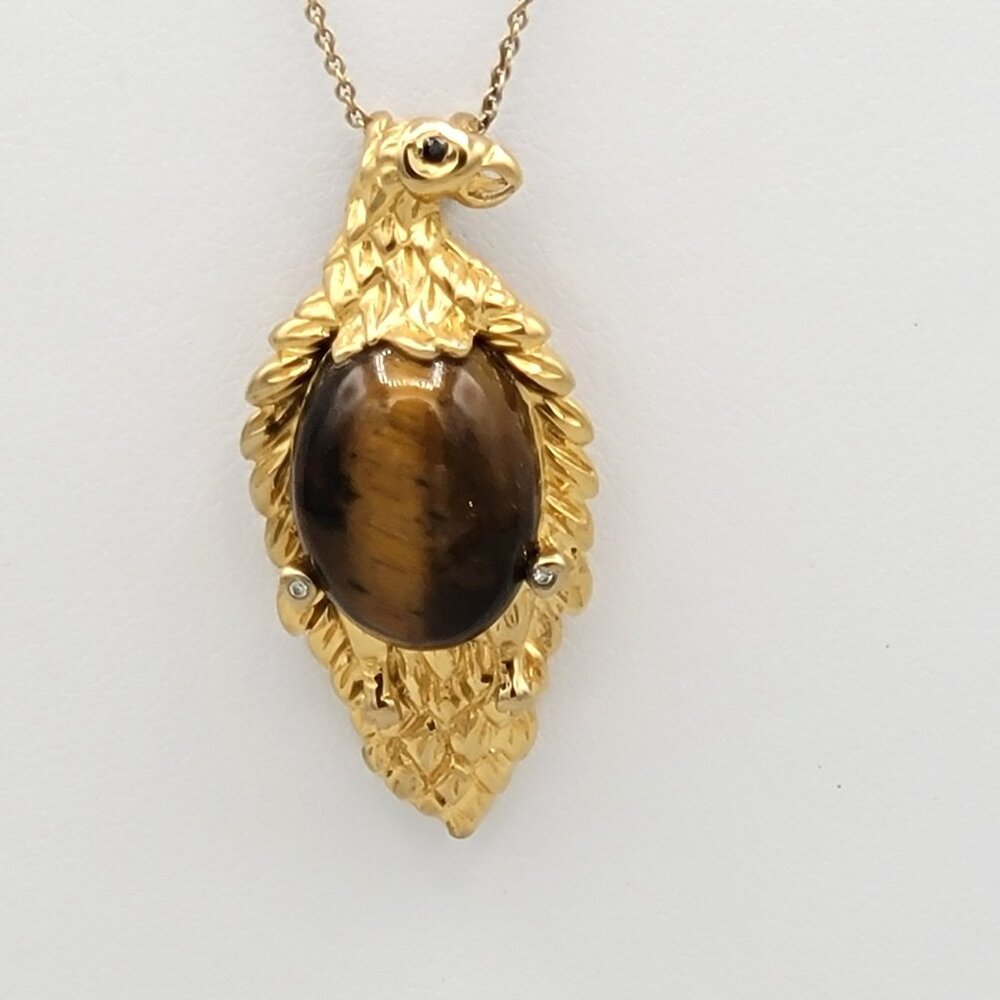 Karis Tiger Eye Eagle Bird Pendant Necklace Gold Tone Vintage Signed 18 in Chain